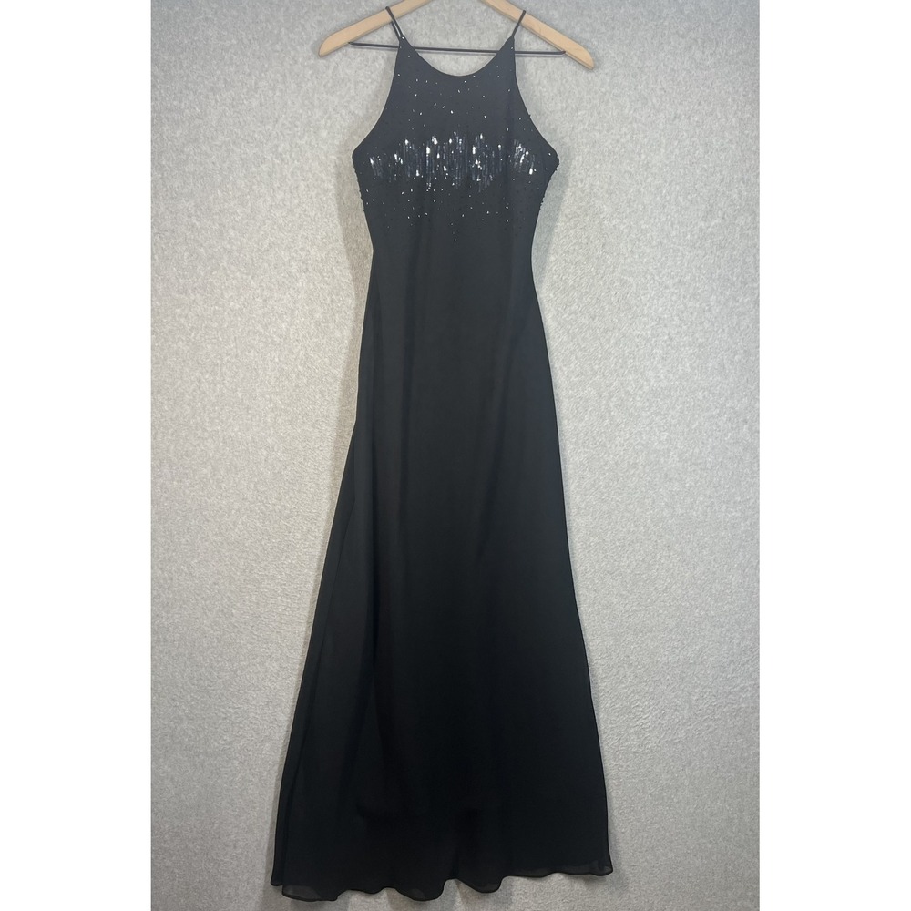 Vintage‎ Black Sequin Beaded Halter Maxi Dress Evening Gown Formal Womens 4